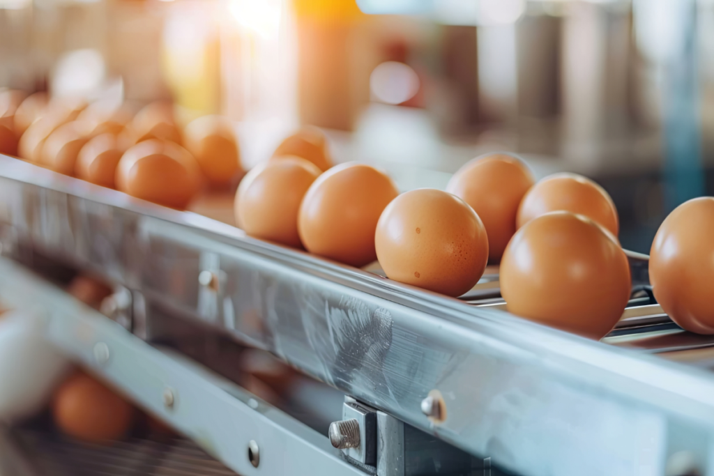 How Barn Temperature, Surface Dryness, and Humidity Directly Affect Egg Health & Shell Quality 2 Fresh eggs on automated conveyor in climate-controlled poultry facility
