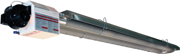 Omega II power-vented radiant tube heater &mdash; burner box on the left, aluminized spiral tube under reflector shields